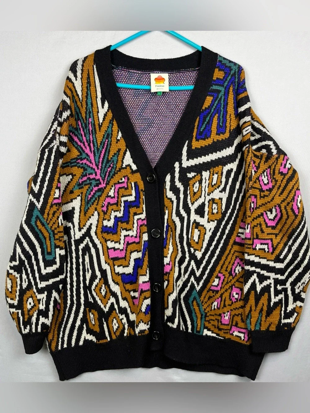 FARM Rio Caramel Tropical Cardigan Size Large Multicolor Knit Oversize Geometric - Picture 1 of 7